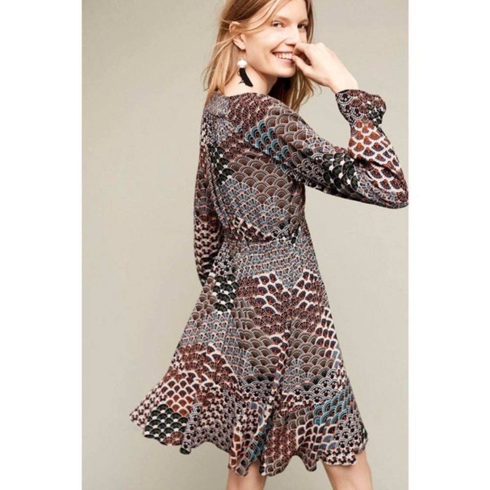 Anthropologie Brown, Black & Blue Patterned Asymmetrical Dress